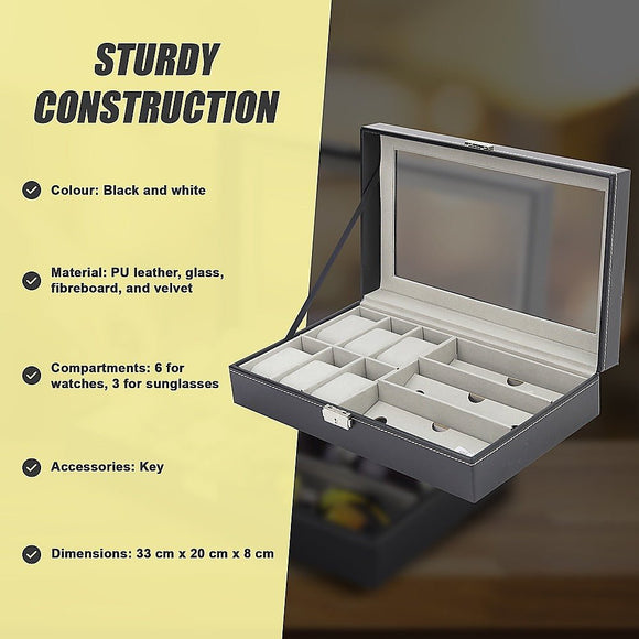 6+3 Grid Watch Sunglass Eyeglasses Display Box Case Storage Organizer PU Leather - RnR Galore