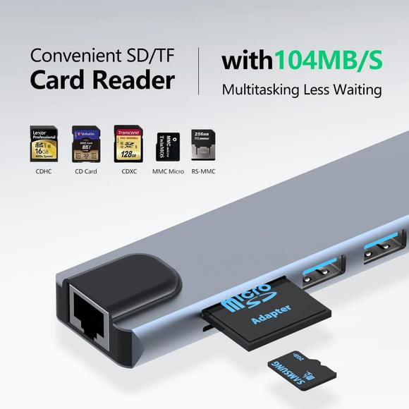 8in1 Hub USB - C To Type - C USB 3.0 4K HDMI RJ45 Ethernet SD TF OTG PD Port Adapter - RnR Galore