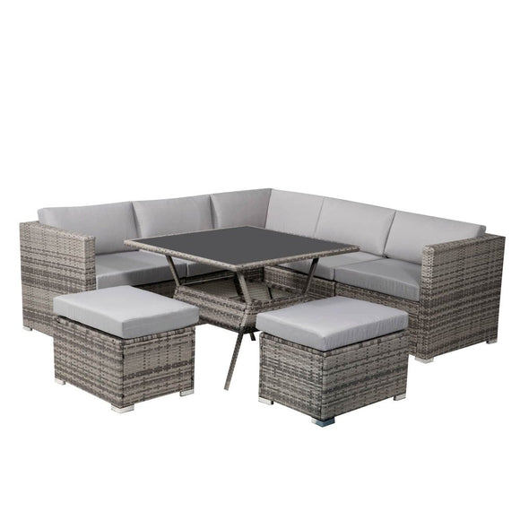 8PC Outdoor Dining Set Wicker Table &amp; Chairs - Grey - RnR Galore