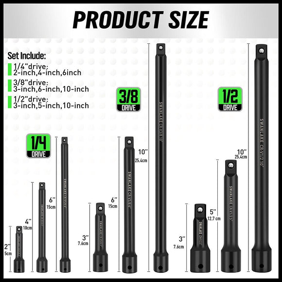 9Pcs Extension Bar Set 1/4" 3/8" 1/2" Black Drive Socket Auto Repairing - RnR Galore