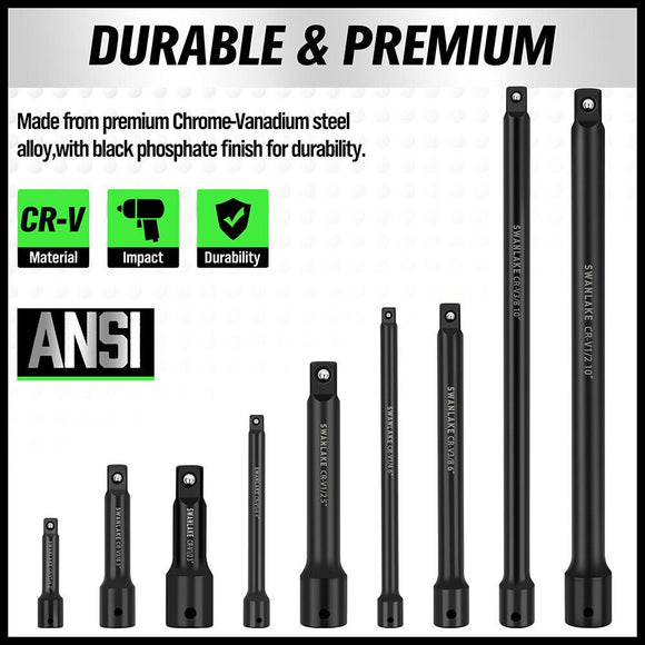 9Pcs Extension Bar Set 1/4" 3/8" 1/2" Black Drive Socket Auto Repairing - RnR Galore