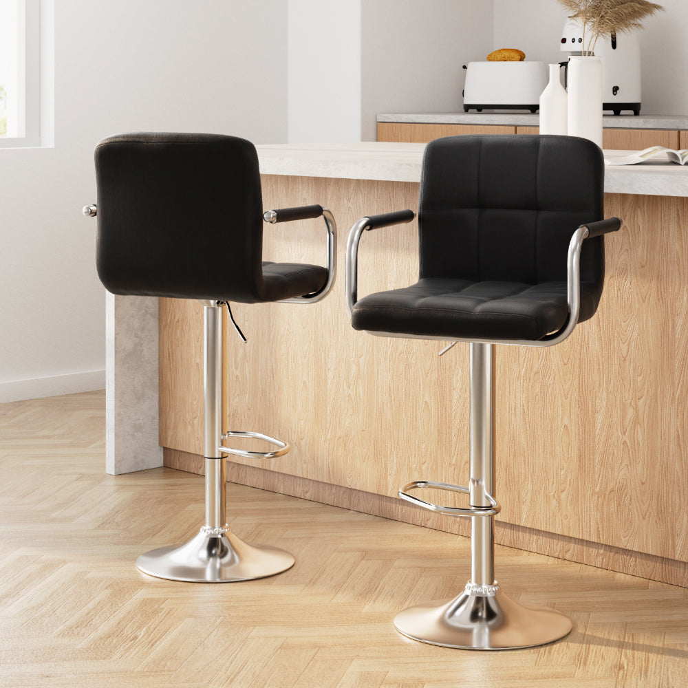 Artiss 2x Bar Stools Leather Gas Lift w/Armrest Black - 0