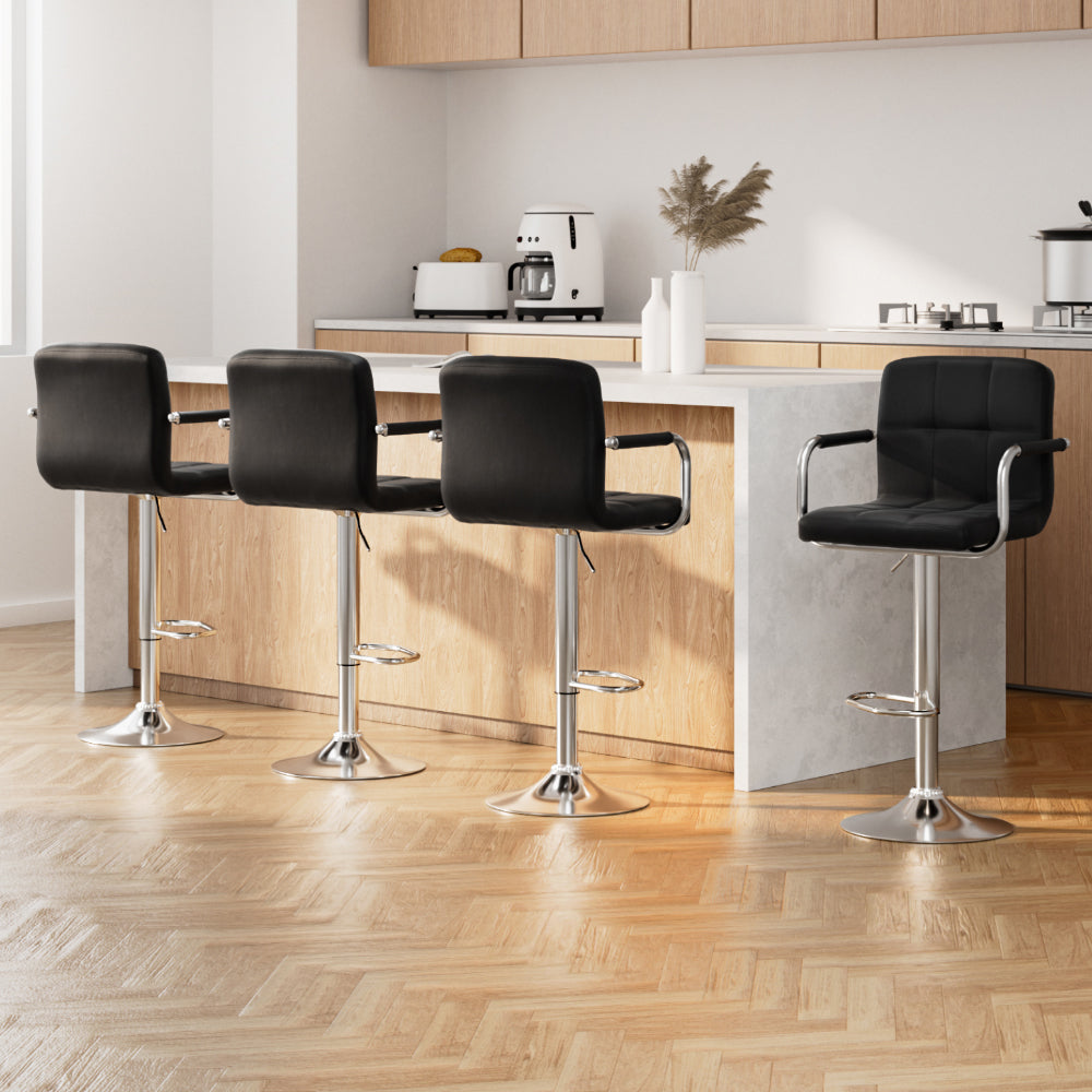 Artiss 4x Bar Stools Leather Gas Lift w/Armrest Black - 0