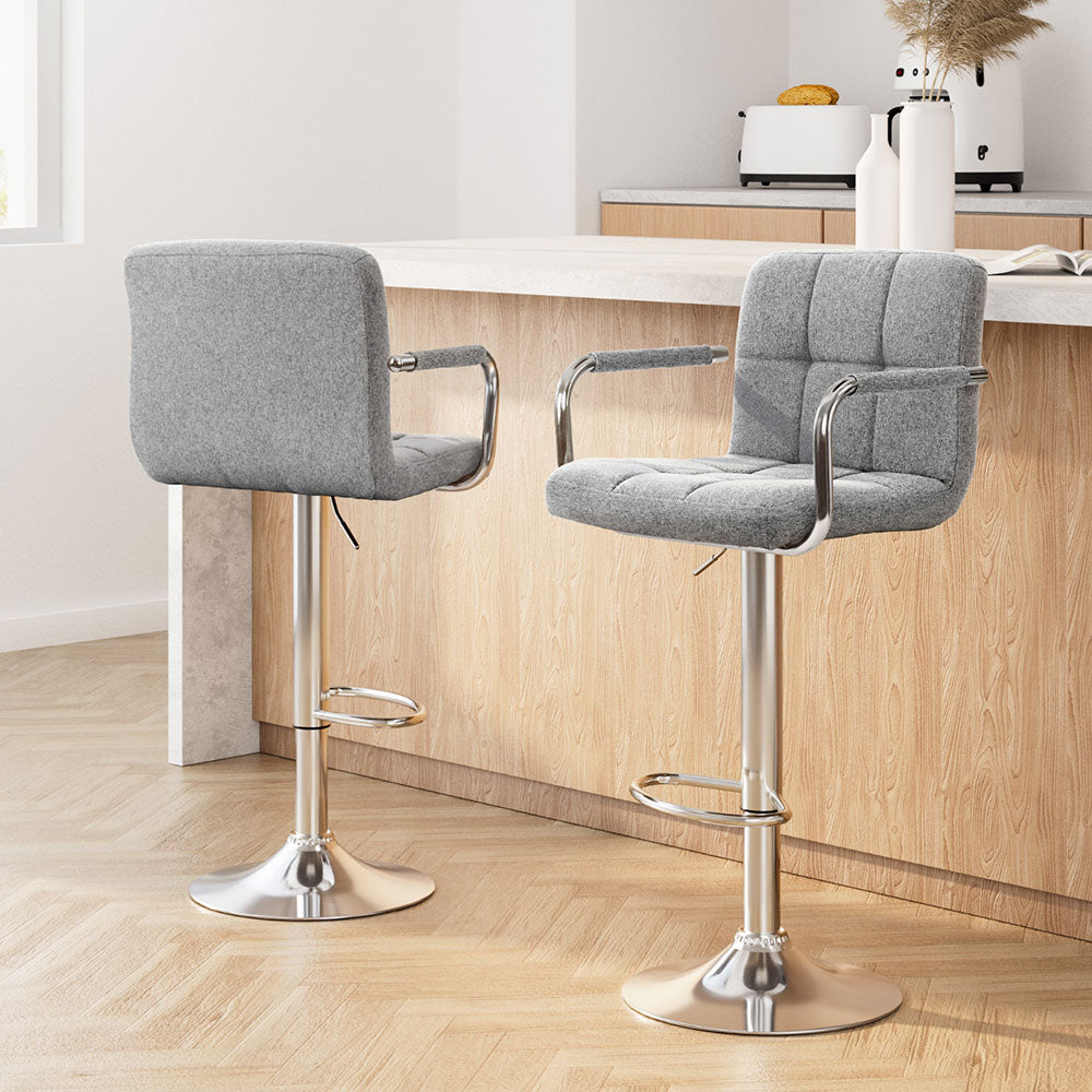 Artiss 2x Bar Stools Fabric Gas Lift w/Armrest Grey - 0
