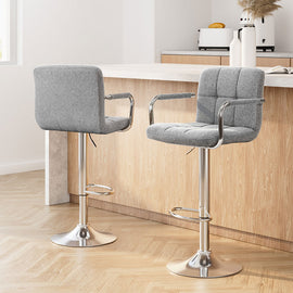Artiss 2x Bar Stools Fabric Gas Lift w/Armrest Grey - 0
