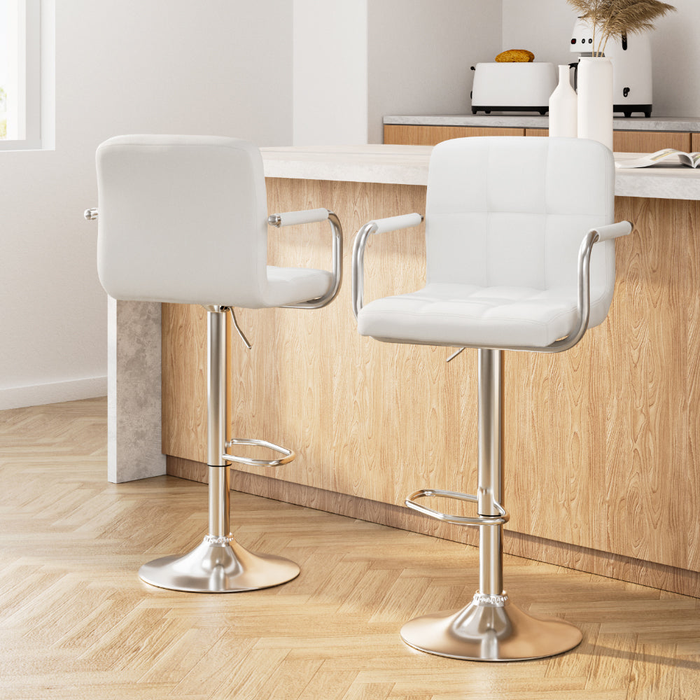 Artiss 2x Bar Stools Leather Gas Lift w/Armrest White - 0