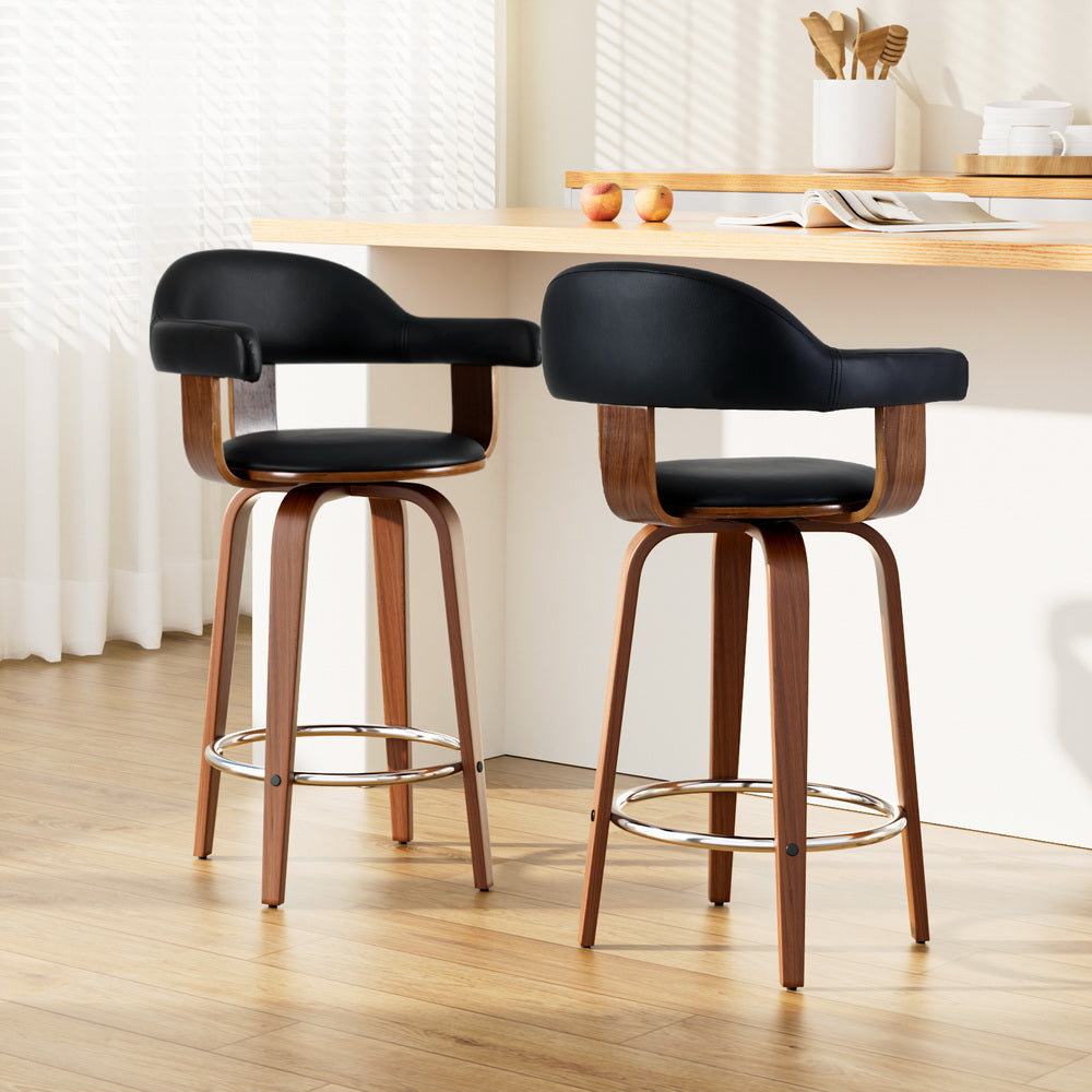 Artiss 2x Bar Stools Leather Seat Wooden Legs - 0