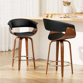Artiss 2x Bar Stools Swivel PU Seat Wooden - 0