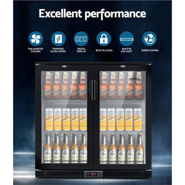 Devanti 198L Bar Fridge Dual Glass Door w/Light Black - 0