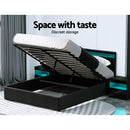 Artiss Cole LED Bed Frame PU Leather Gas Lift Storage - Black Queen-5