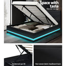 Artiss Lumi LED Bed Frame PU Leather Gas Lift Storage - Black Double-6