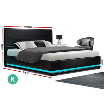 Artiss Lumi LED Bed Frame PU Leather Gas Lift Storage - Black King - 0