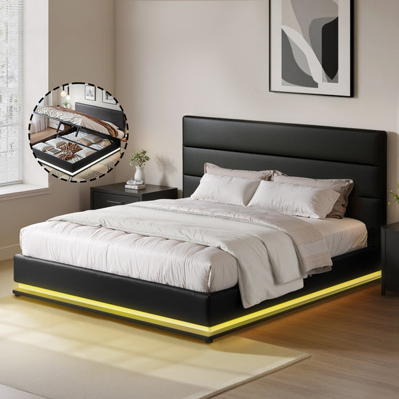 Artiss Lumi LED Bed Frame PU Leather Gas Lift Storage - Black Queen