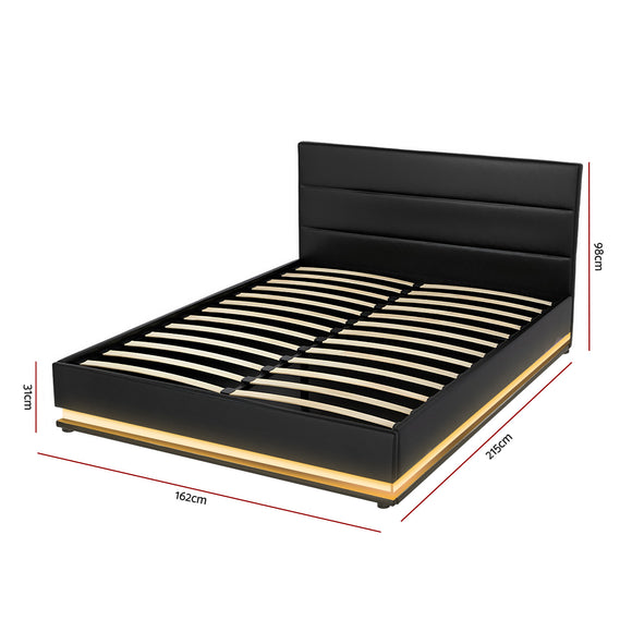 Artiss Lumi LED Bed Frame PU Leather Gas Lift Storage - Black Queen