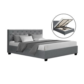 Artiss Vila Bed Frame Fabric Gas Lift Storage - Grey Queen - 0