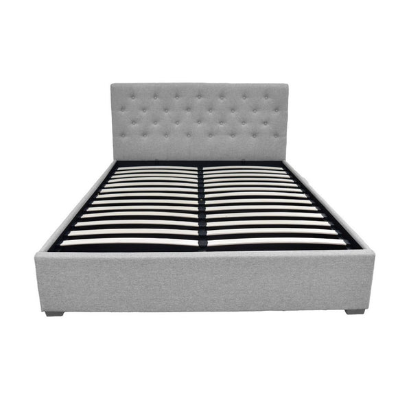 Artiss Vila Bed Frame Fabric Gas Lift Storage - Grey Queen