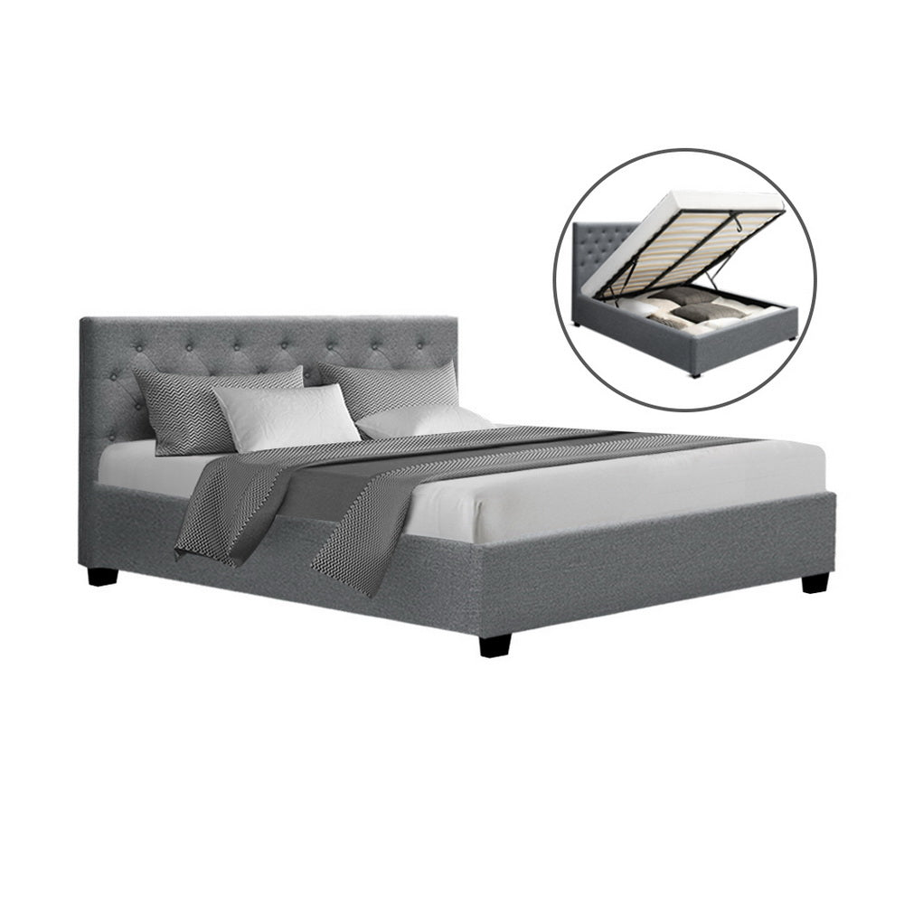 Artiss Vila Bed Frame Fabric Gas Lift Storage - Grey Queen - 0