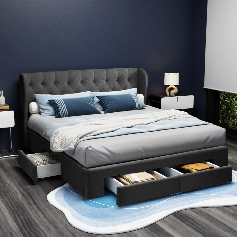 Artiss Mila Bed Frame Storage Drawers Fabric - Charcoal King - 0