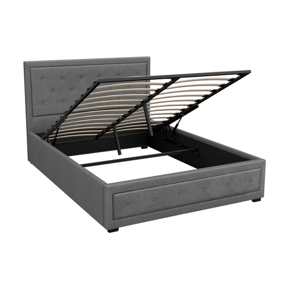 Artiss Tiyo Bed Frame Fabric Gas Lift Storage - Grey Double