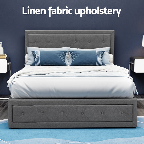 Artiss Tiyo Bed Frame Fabric Gas Lift Storage - Grey Double