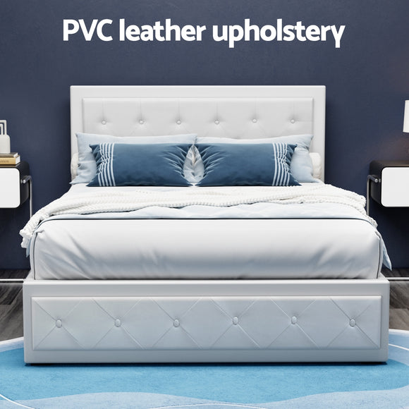 Artiss Tiyo Bed Frame PU Leather Gas Lift Storage - White Double