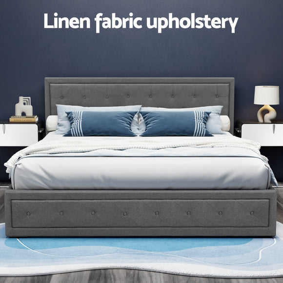 Artiss Tiyo Bed Frame Fabric Gas Lift Storage - Grey King