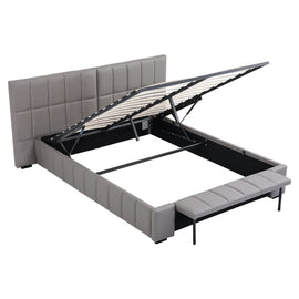 Artiss Double Size Upholstered Gas Lift Bed Frame with Foldable Bench PVC Leather Platform Bed with Storage - 0