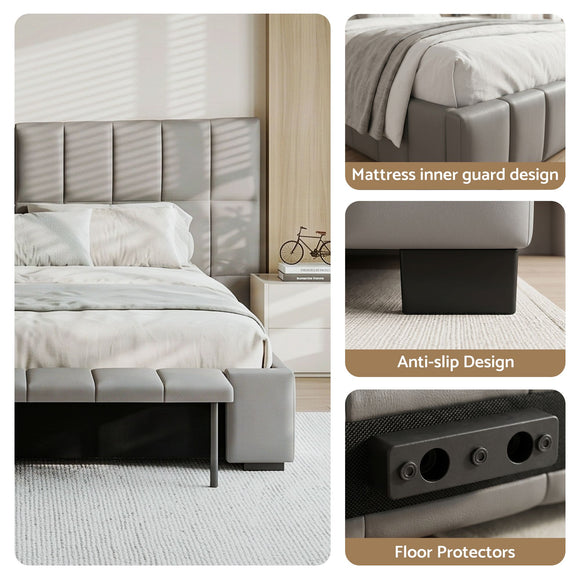 Artiss Double Size Upholstered Gas Lift Bed Frame with Foldable Bench PVC Leather Platform Bed with Storage