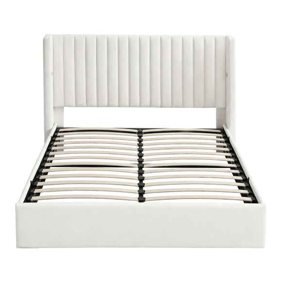 Artiss Double Bed Frame with Gaslift Storage USB Type-C Charging Ports Velvet Upholstery White