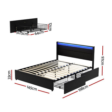 Artiss Bed Frame Double Size LED with 4 Drawers Black DUNN - 0