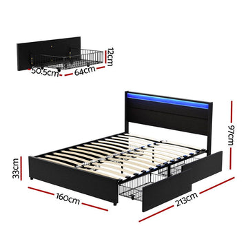 Artiss Bed Frame Queen Size LED with 4 Drawers Black DUNN - 0