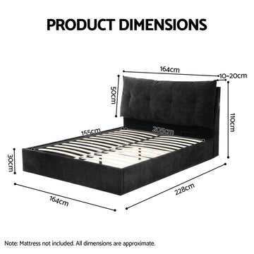 Artiss Queen Bed Frame with Horizontal Gas Lift Storage with LED Light USB Type-C Charging Station Black Velvet - 0