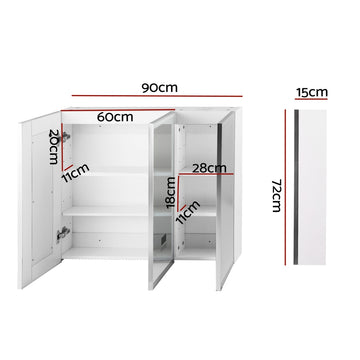 Bathroom Mirror Cabinet LED Light 900x720mm Medicine Wall Storage - 0