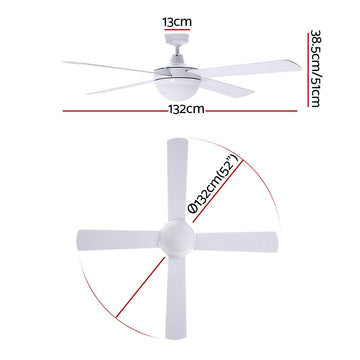 Devanti 52'' Ceiling Fan AC Motor w/Light w/Remote - White - 0