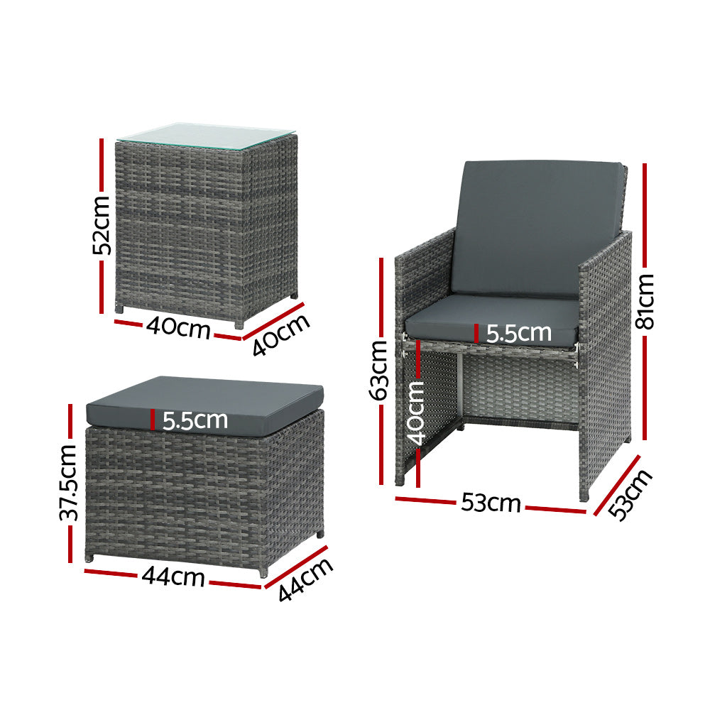 Gardeon 5PC Bistro Set Wicker Table and Chairs Ottoman Outdoor Furniture Grey - 0
