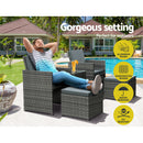 Gardeon 5PC Bistro Set Wicker Table and Chairs Ottoman Outdoor Furniture Grey-5