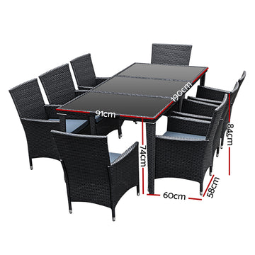 Gardeon Outdoor Dining Set 9 Piece Wicker Lounge Setting Black - 0
