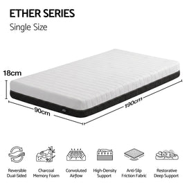 Giselle 18cm Single Memory Foam Mattress Dual Feel Reversible Charcoal Foam - 0