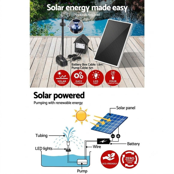 Gardeon Solar Pond Pump Submersible Water Fountain with Battery Kit LED Lights 4FT