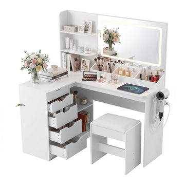 Artiss Dressing Table Corner Vanity Desk Set Stool LED Charging Station White - 0