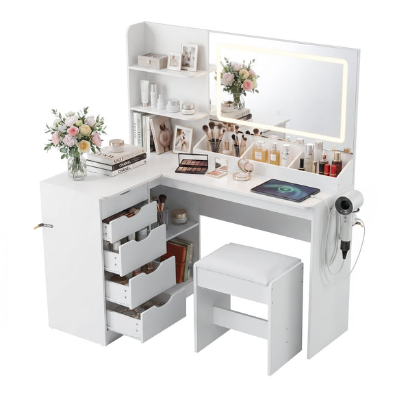 Artiss Dressing Table Corner Vanity Desk Set Stool LED Charging Station White