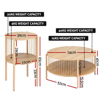 Artiss Coffee Table 2-Tier Round Wood - 0