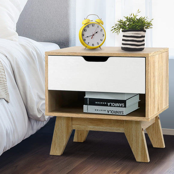 Artiss Bedside Table 1 Drawer with Shelf - IKER White & Oak