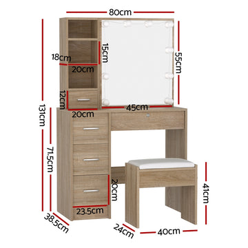 Artiss Dressing Table Set Stool 10 Led Bulbs Wood - 0