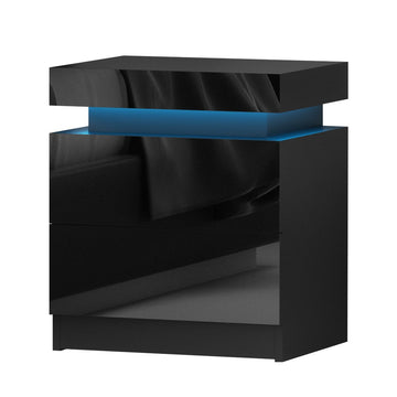 Artiss 2X Bedside Table LED 2 Drawers Lift-up Storage - COLEY Black - 0