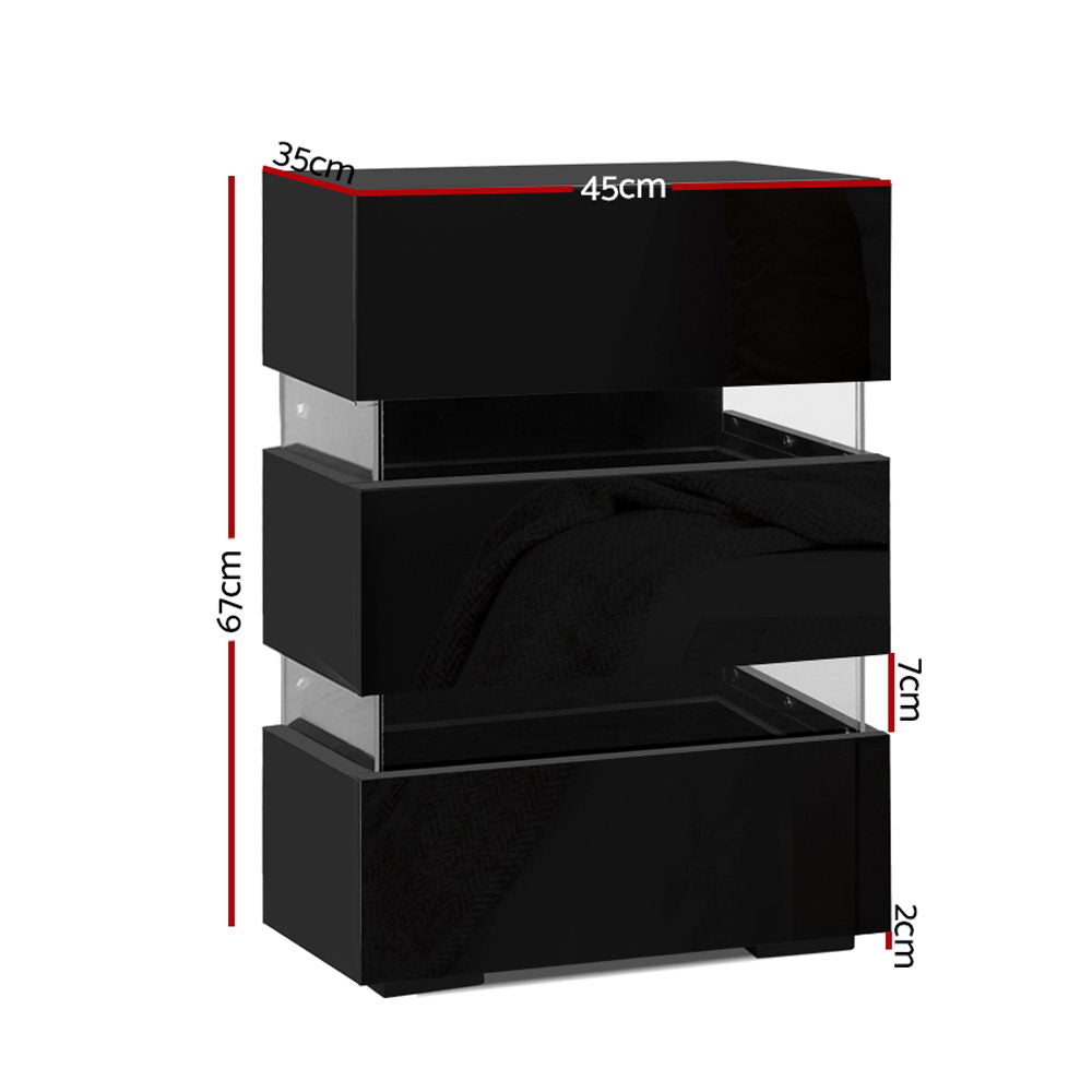 Artiss Bedside Table LED 3 Drawers - LUMI Black - 0