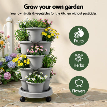 Green Fingers 5 Tier Vertical Garden Planter, Stackable Planters with 4 Wheels, Grey, Raised Garden Bed, Garden Tower Indoor Outdoor, Auto Drainage System, for Strawberries, Herbs, Flower, Vegetables - 0