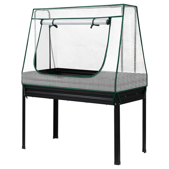 Green Fingers Elevated Metal Garden Bed Kit w Mini Greenhouse Cover 116x60cm Stand-Up Height Trellis