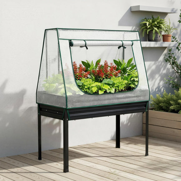 Green Fingers Elevated Metal Garden Bed Kit w Mini Greenhouse Cover 116x60cm Stand-Up Height Trellis