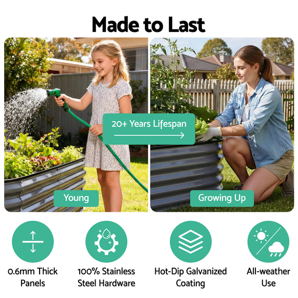 Green Fingers 3 Pcs Raised Garden Bed Kit Oval Galvanized Steel Planter Boxes 240x80x42cm, Heavy Duty Metal Elevated Garden Bed for Vegetables Flowers Herbs, with Safety Edging, Gloves & Pegs Included